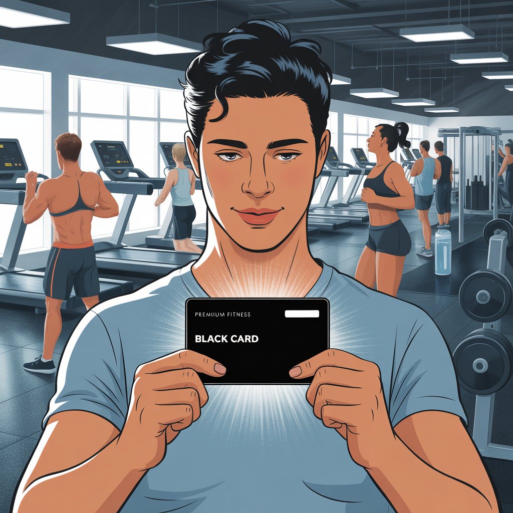 A person in a gym holding and examining a black membership card with gym equipment and people working out in the background.