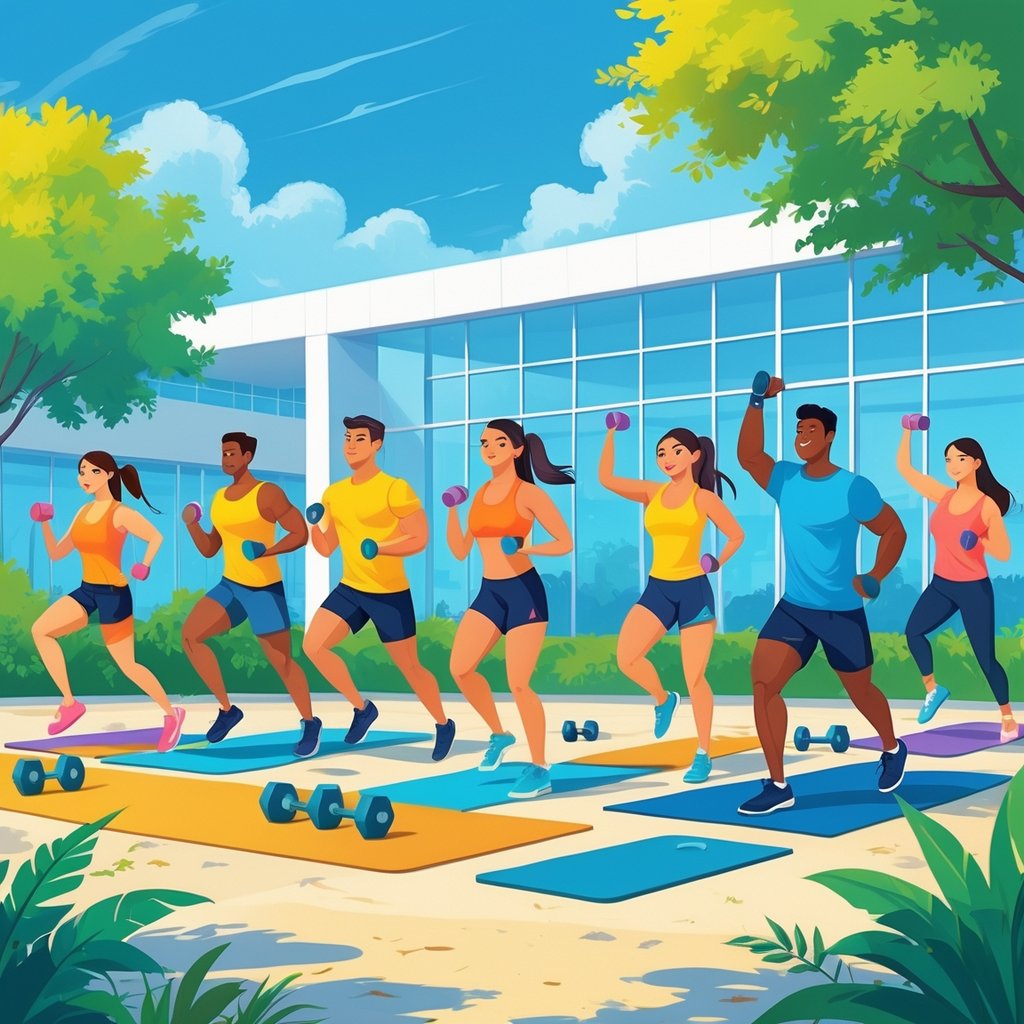A group of diverse people exercising outdoors near a modern gym building on a sunny summer day, engaging in various fitness activities like running, stretching, and weightlifting.