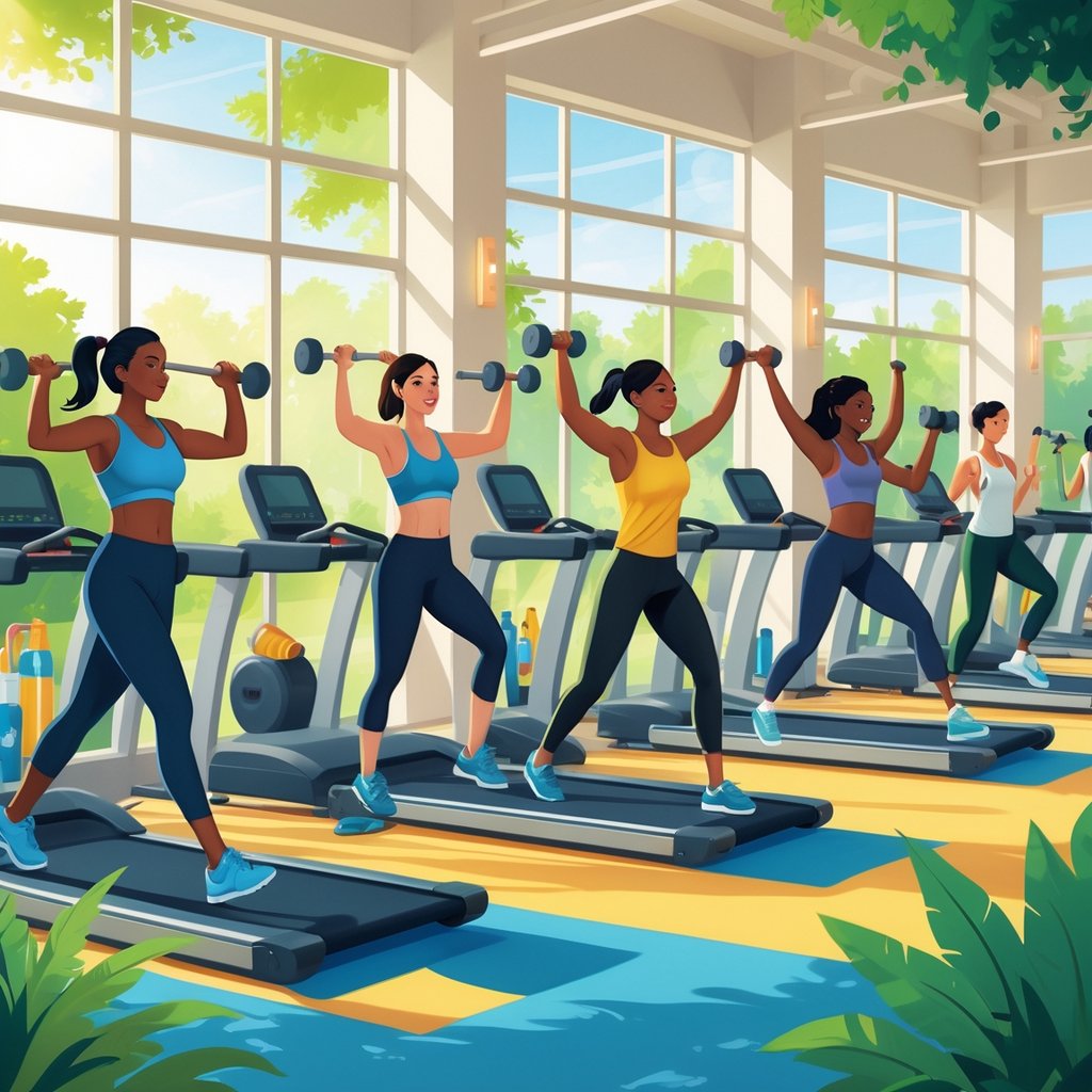 People of different backgrounds exercising together in a bright gym with sunlight and greenery outside, enjoying various fitness activities.