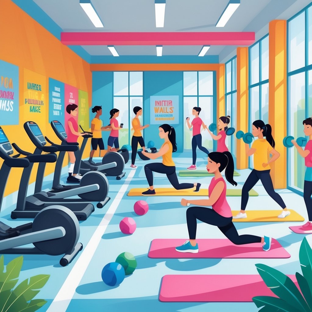 A group of diverse teenagers exercising and stretching inside a bright, modern gym with fitness equipment and trainers assisting them.