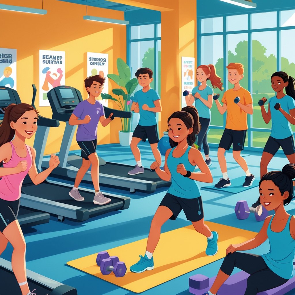 Teenagers exercising and enjoying a summer fitness program in a bright, modern gym.