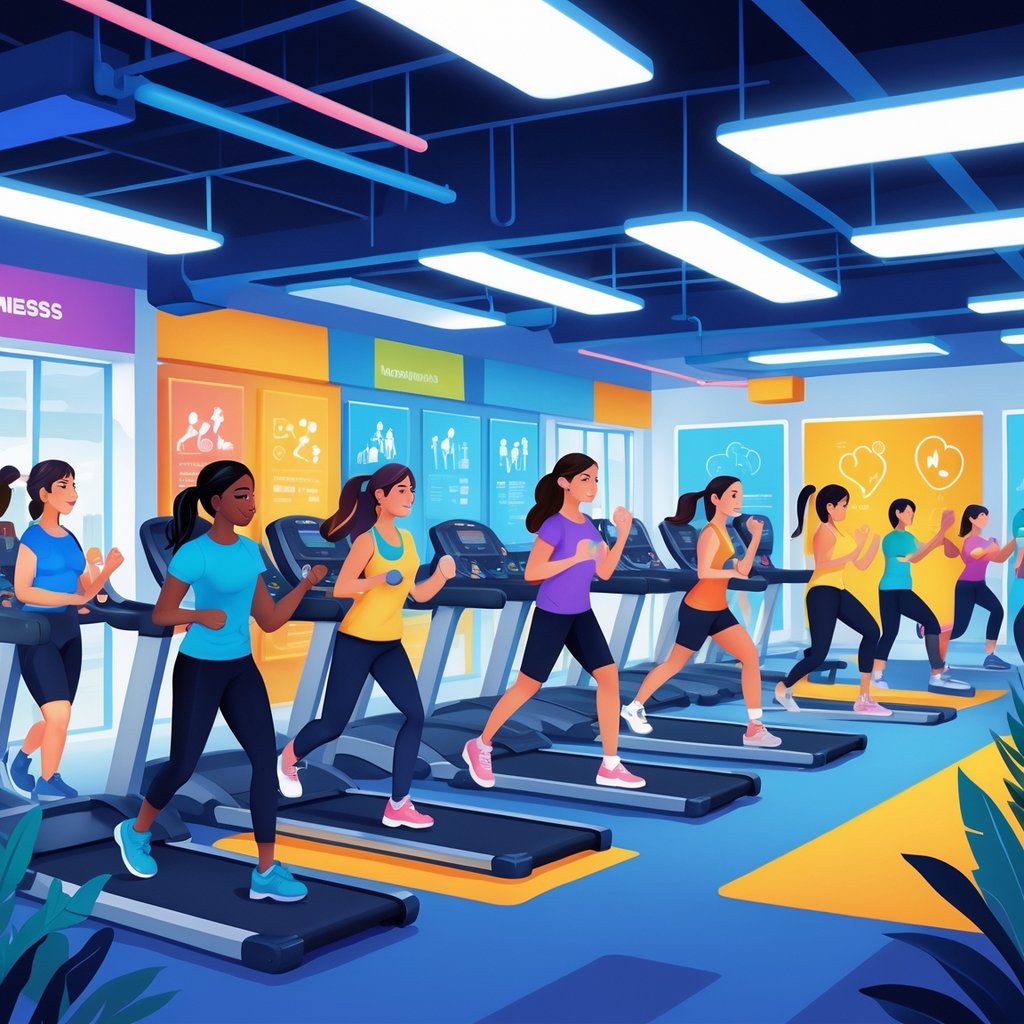 A group of diverse teenagers exercising and enjoying various fitness activities in a bright, modern gym setting.