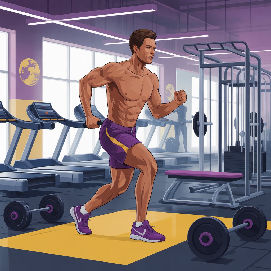 A person exercising in a bright, modern gym surrounded by various workout equipment, performing a full-body workout.