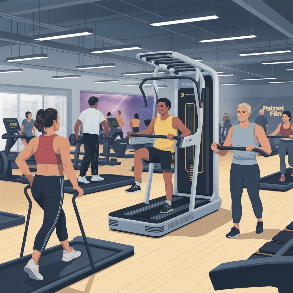 A diverse group of people exercising in a spacious, accessible gym with a total body enhancement machine at the center.