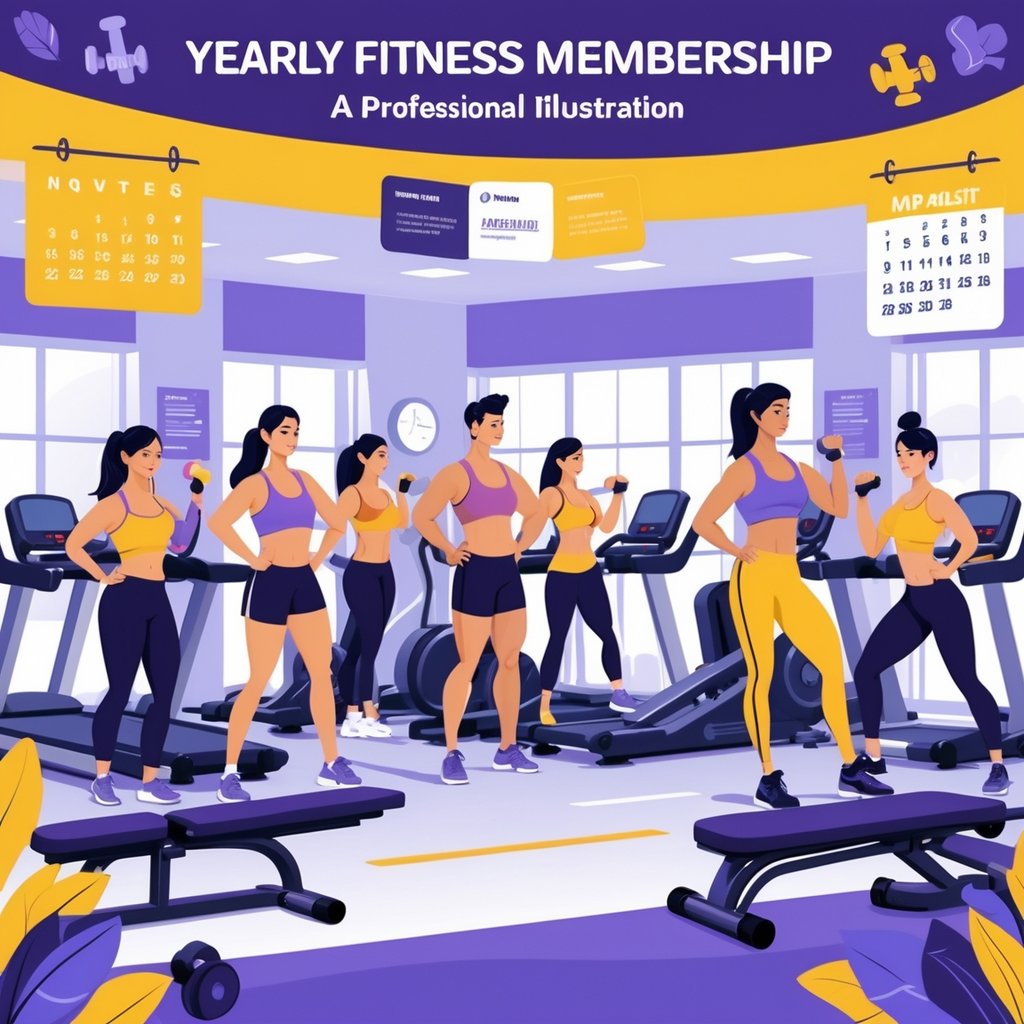 A gym scene with people exercising using various machines and weights, with fitness-related icons and a calendar symbolizing a yearly membership.