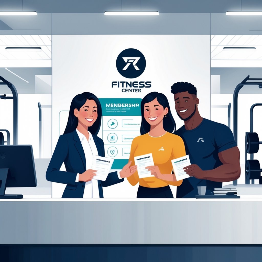 A gym receptionist helping a young couple sign up for a yearly membership at the gym front desk with workout equipment visible in the background.