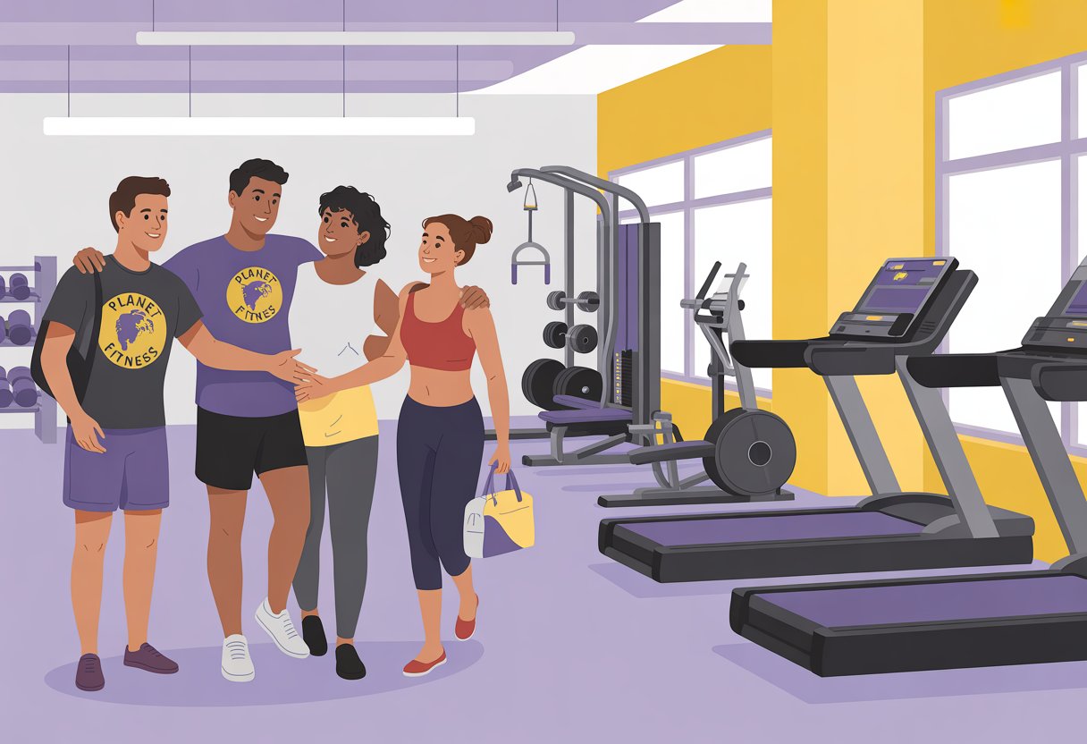 A gym member warmly welcomes a guest into a bright, modern gym with exercise equipment in the background.