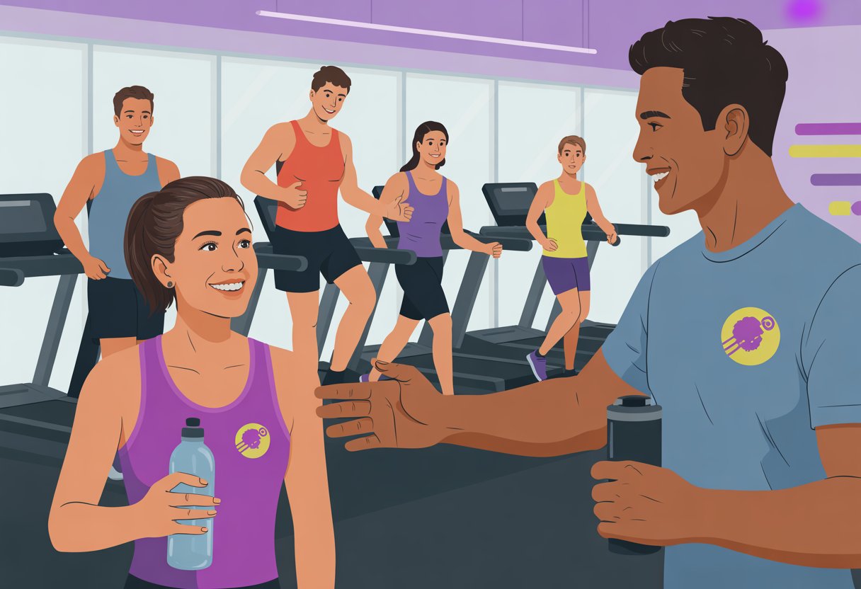 A gym scene showing a Planet Fitness member inviting a guest to work out together among modern exercise equipment.