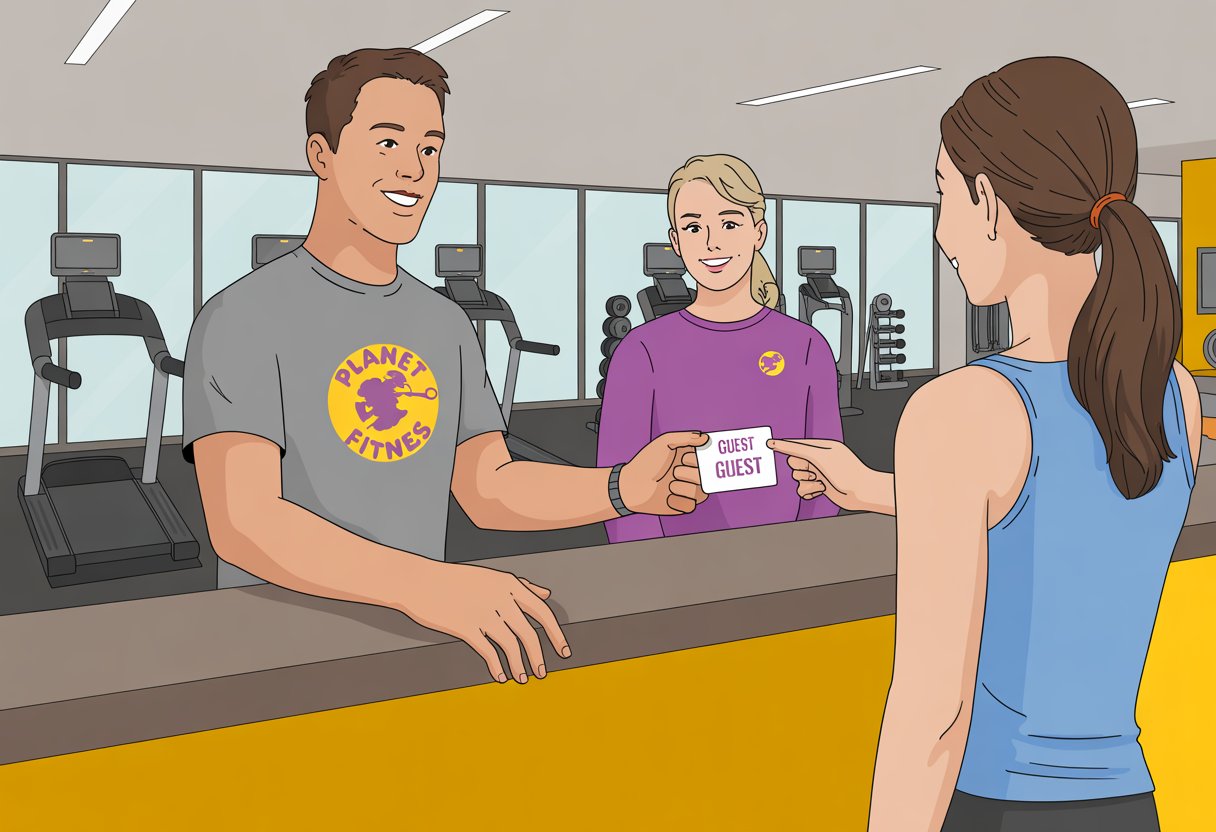 A Planet Fitness member talks with a front desk staff member while standing next to a guest in a gym reception area with exercise equipment in the background.