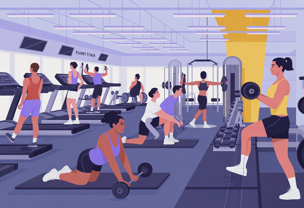A diverse group of people exercising in a modern gym with various workout equipment and a personal trainer guiding them.