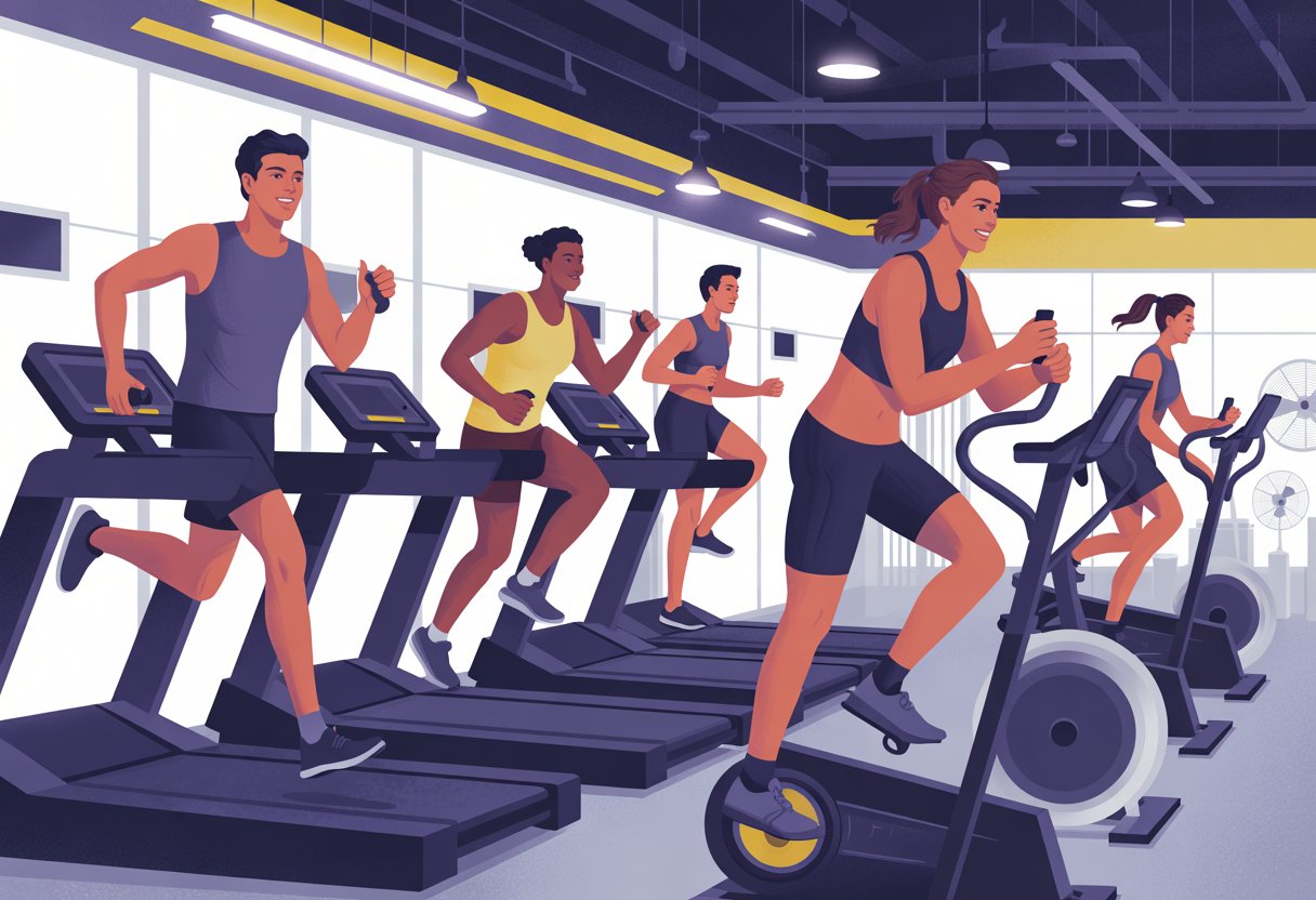 People exercising on treadmills, stationary bikes, and elliptical machines in a bright, modern gym setting.