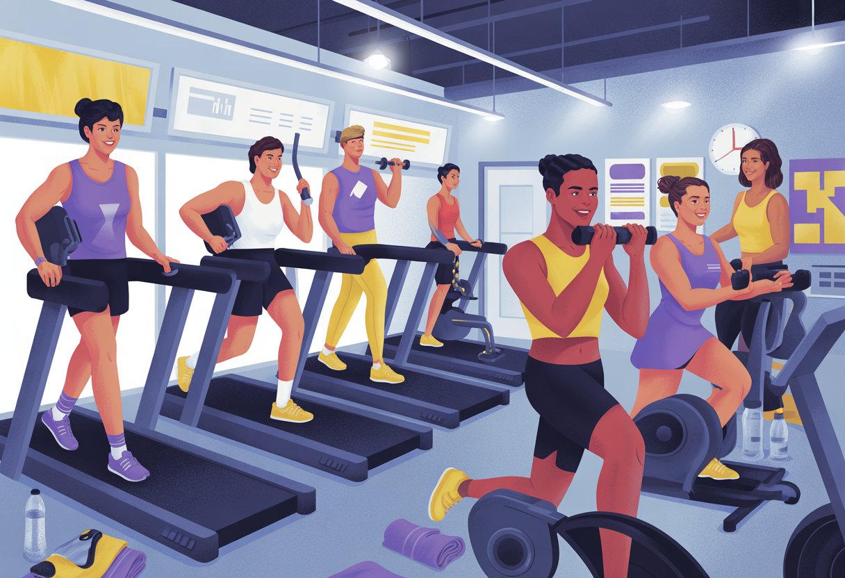 A group of people working out in a bright gym using cardio machines and weights, with a trainer encouraging them.
