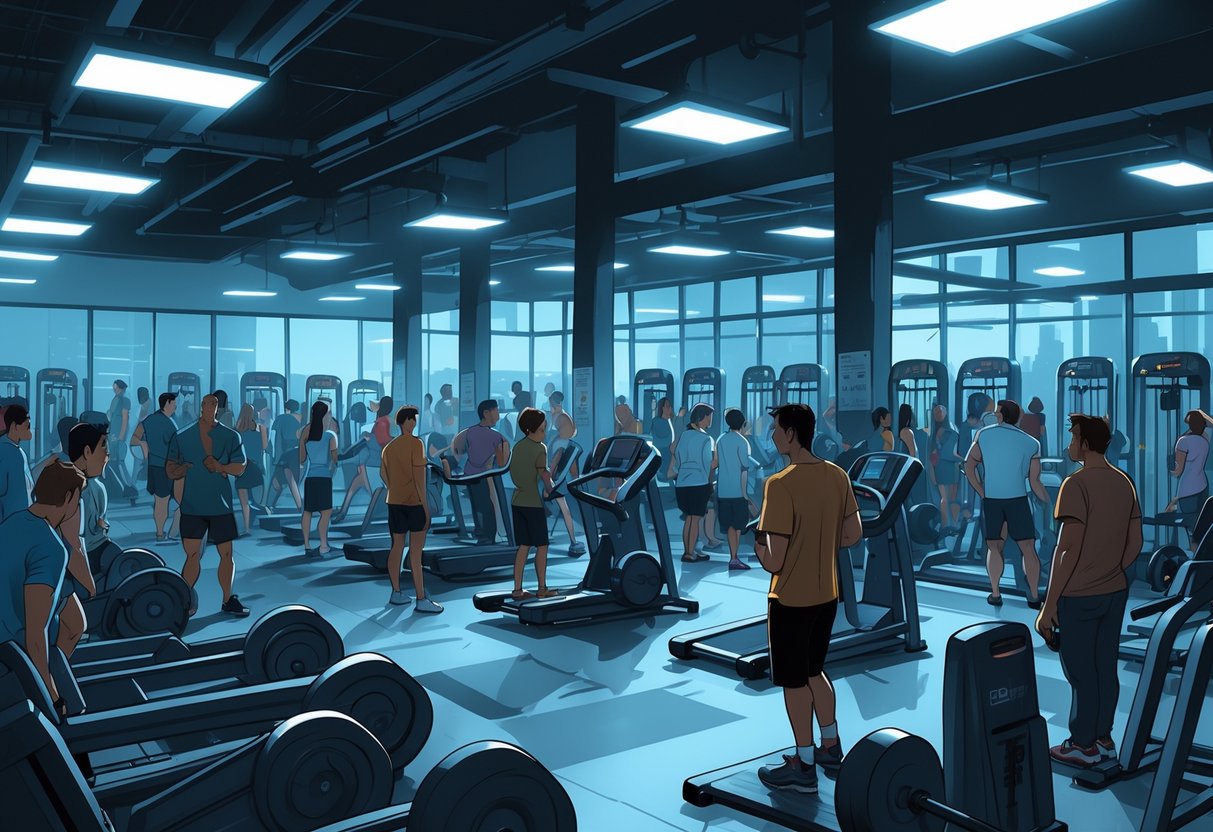 A crowded gym with outdated equipment and people looking frustrated and bored.