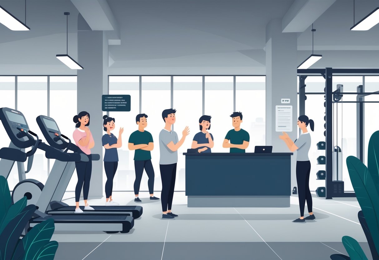 A gym interior showing people with frustrated and disappointed expressions while a staff member explains policies at the reception desk, with gym equipment and restricted areas visible in the background.