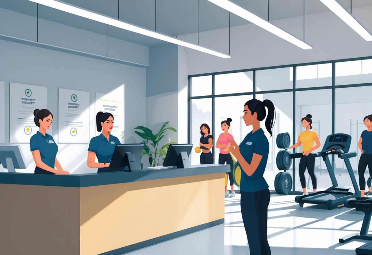 A gym reception area with staff looking indifferent and gym members appearing frustrated while using equipment.