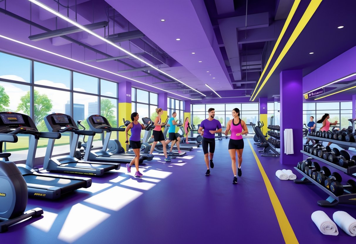 Interior of a modern gym with various exercise machines and people working out in a bright, spacious environment.
