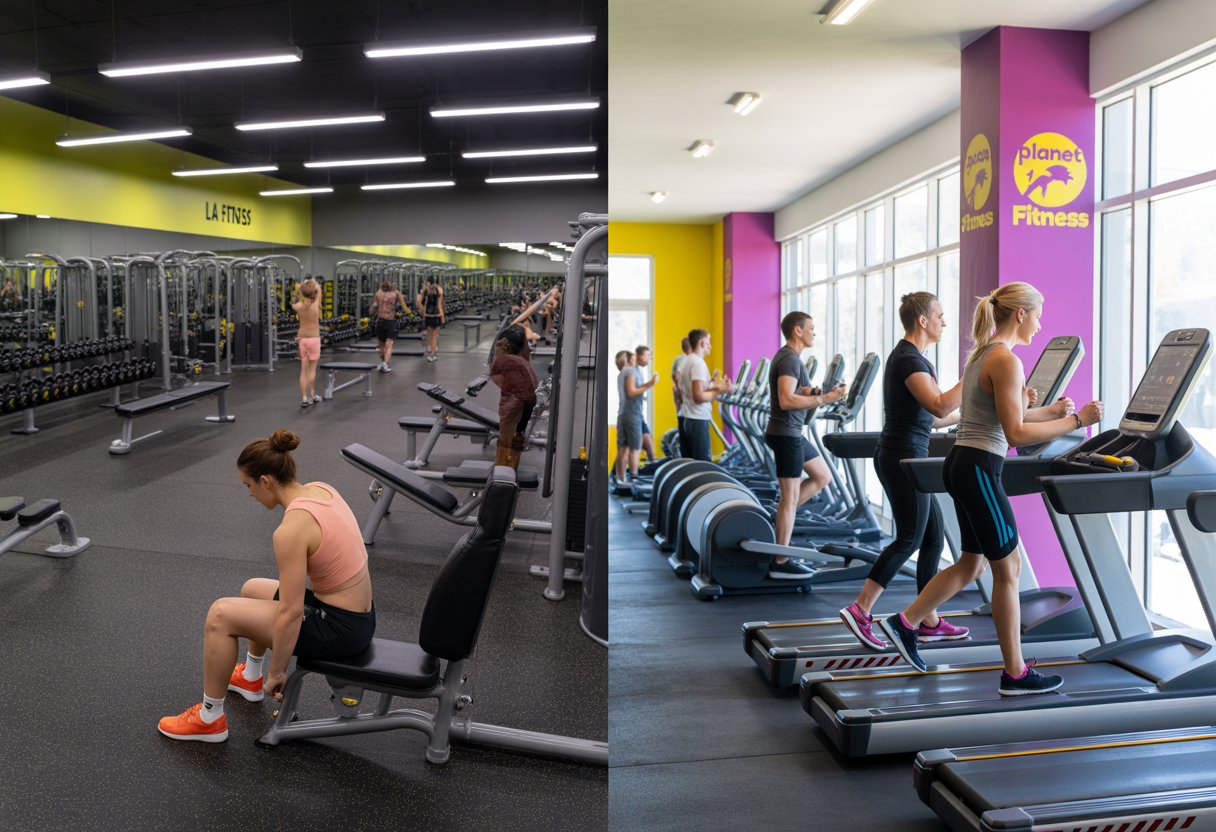 Side-by-side view of two gym interiors with people working out, showing different equipment and colors.