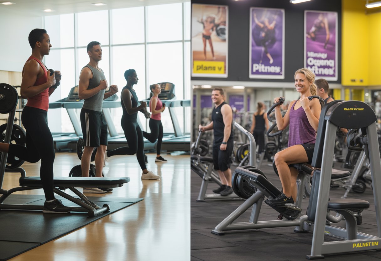 Split image showing two gyms side by side: one bright and upscale with people weightlifting and doing cardio, the other casual and colorful with members using exercise machines.