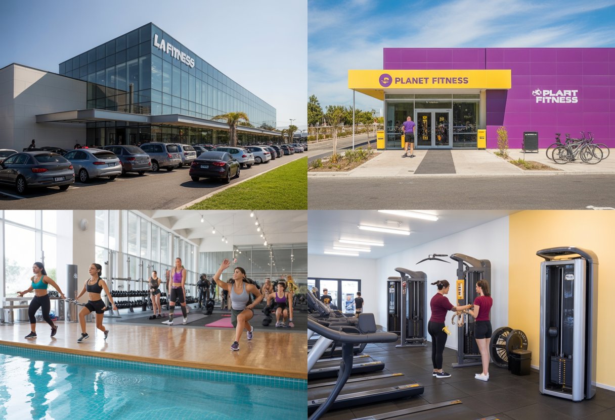 Side-by-side view of two gym entrances with parking areas and indoor scenes showing different workout equipment and staff assisting members.
