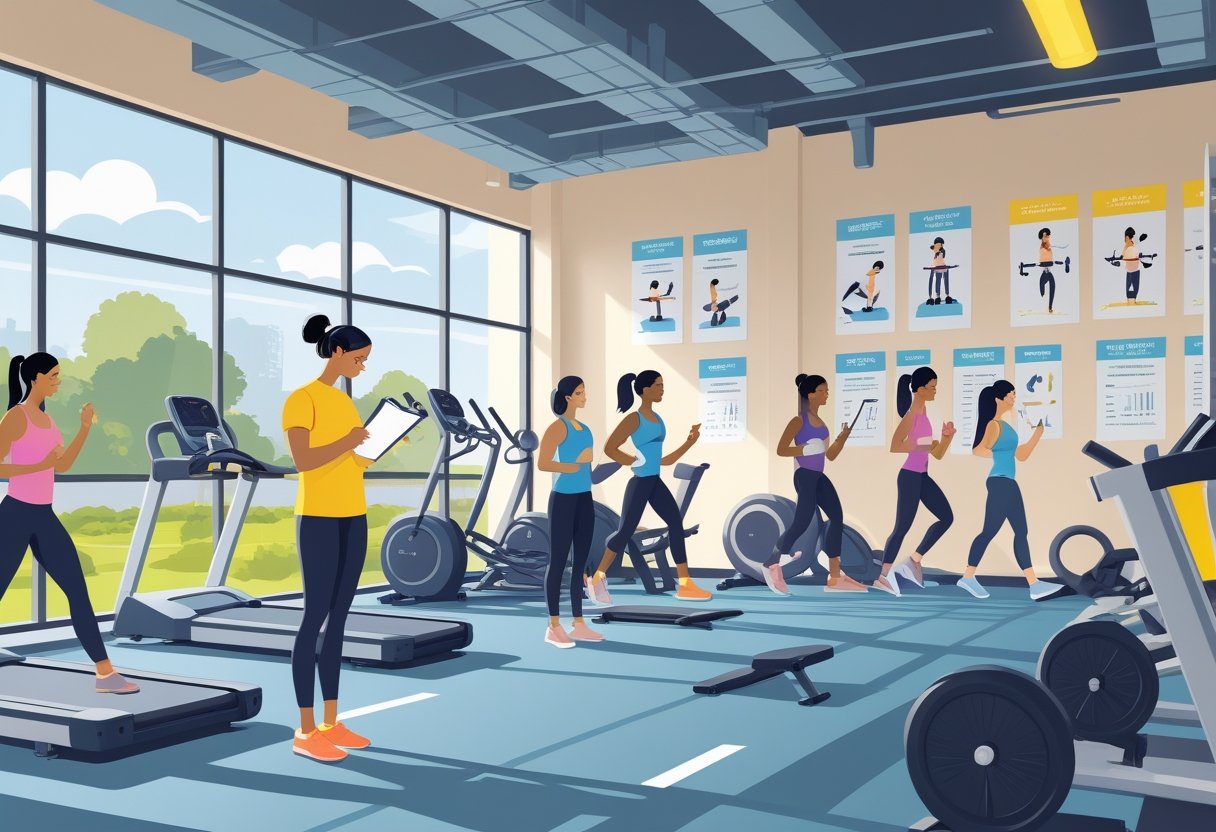 A gym scene with people exercising and one person taking notes on a clipboard, representing fitness reviews.