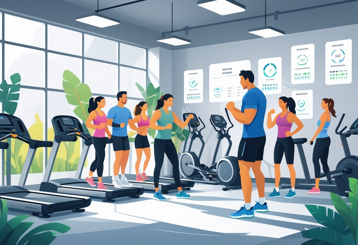 A group of people exercising in a bright gym with various workout equipment and a fitness instructor helping a member.
