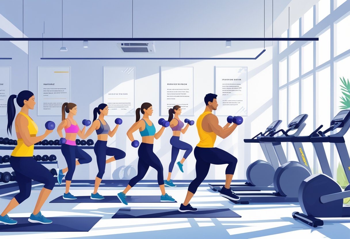 A gym scene showing people participating in group fitness classes and personal training sessions with various exercise equipment.