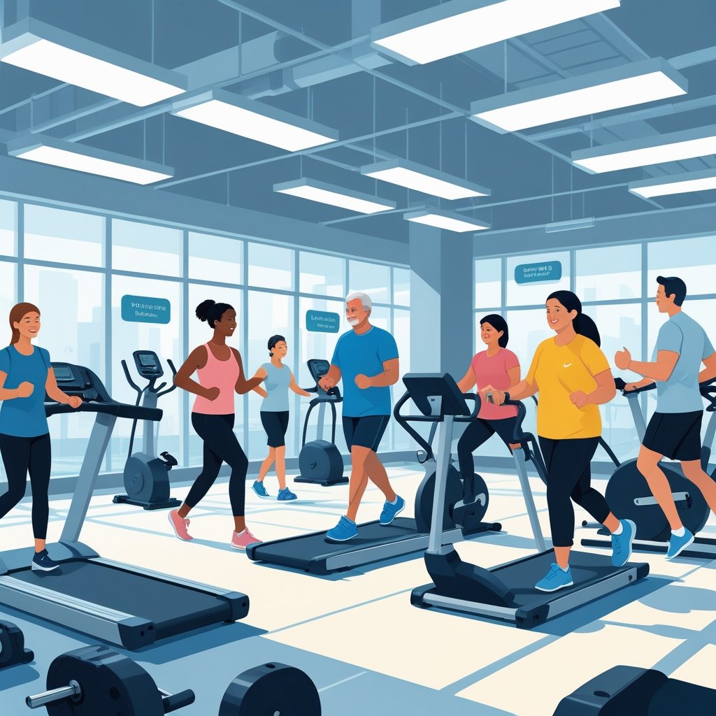 A group of people of different ages exercising together in a bright and modern gym.