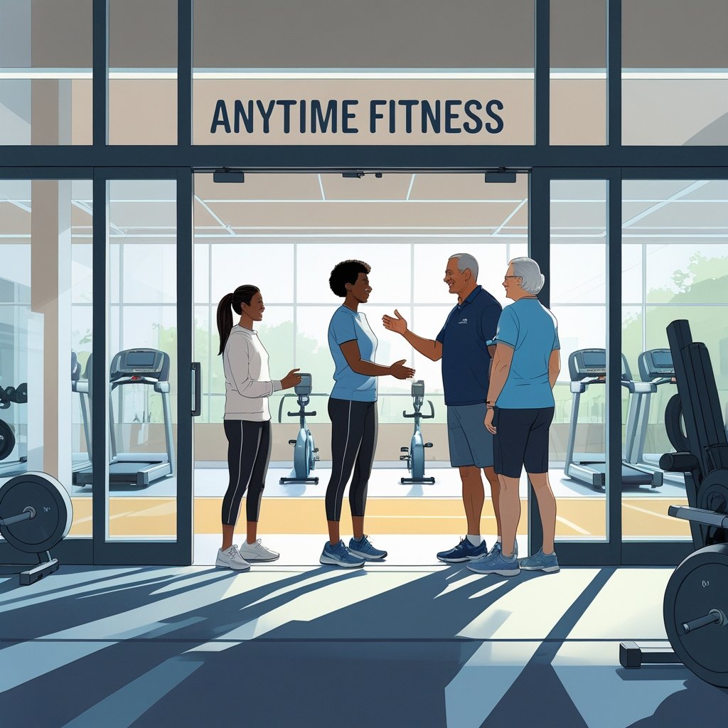 People of different ages entering an Anytime Fitness gym with a staff member at the front desk and gym equipment visible inside.
