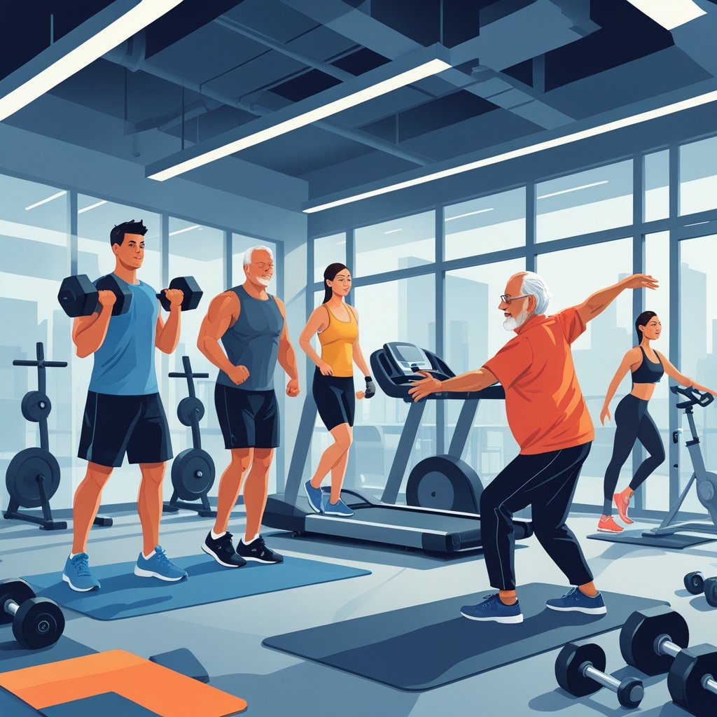 Various people of different ages exercising in a gym with fitness equipment.