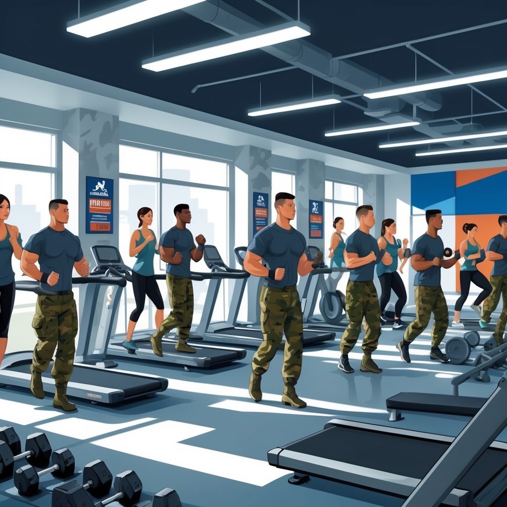 A group of military personnel exercising together in a gym with fitness equipment and patriotic decorations.