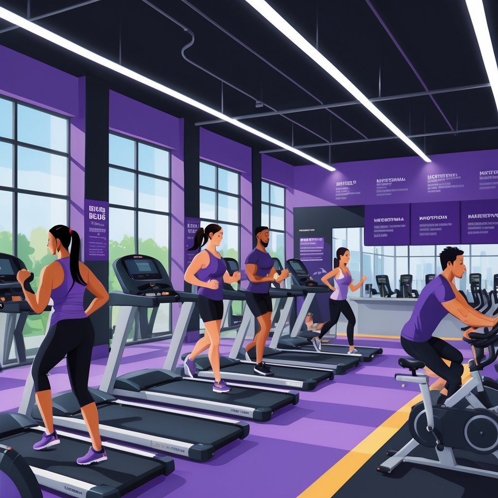 Interior of a busy gym with people exercising on treadmills, lifting weights, and using bikes in a bright, modern space.