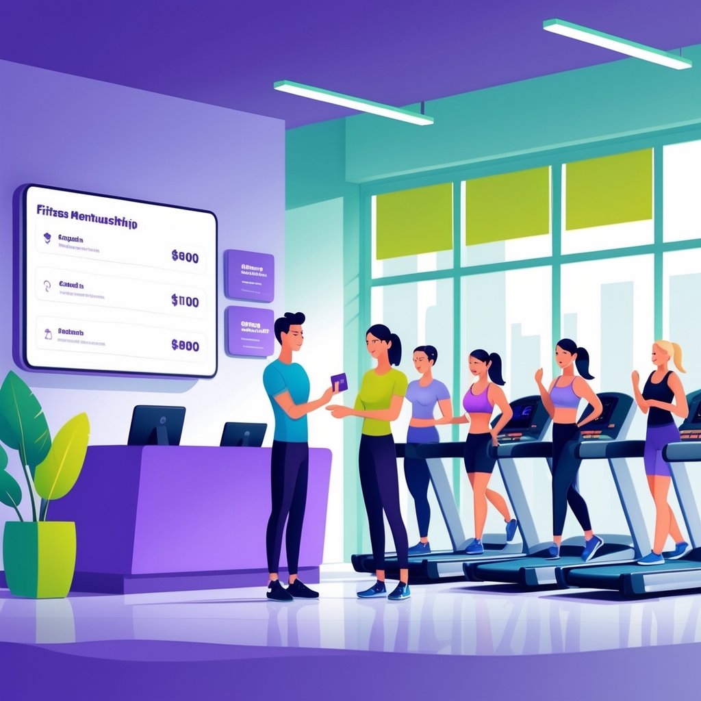 A gym reception area where a staff member helps a client with a membership card, with people exercising in the background using various gym equipment.