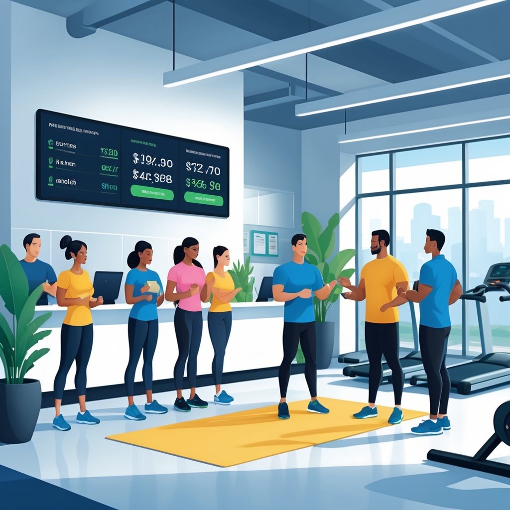 A gym reception area with people discussing membership options and fitness equipment in the background.