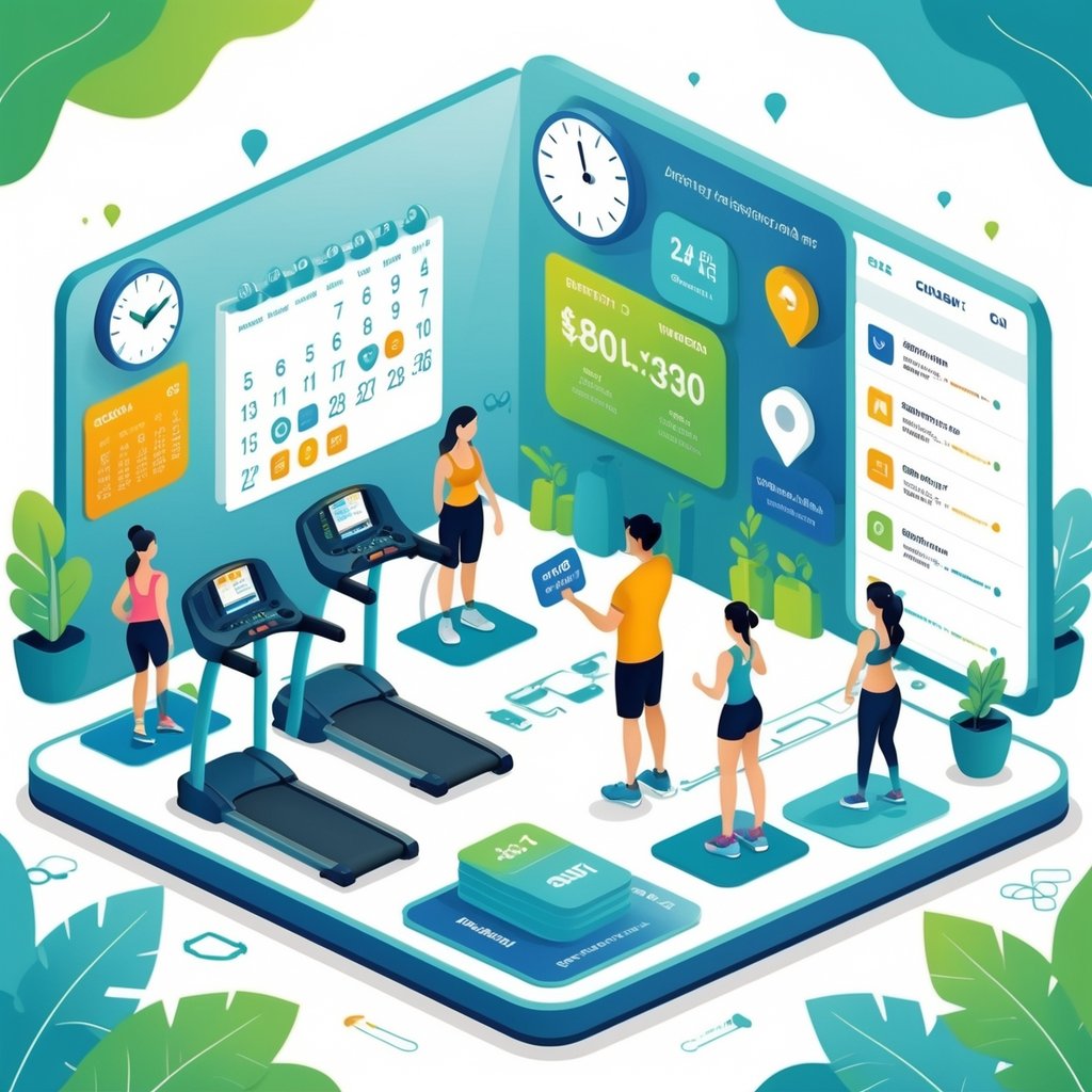 A gym scene showing people exercising with visual symbols representing factors that affect membership pricing such as membership duration, 24/7 access, location, and available amenities.