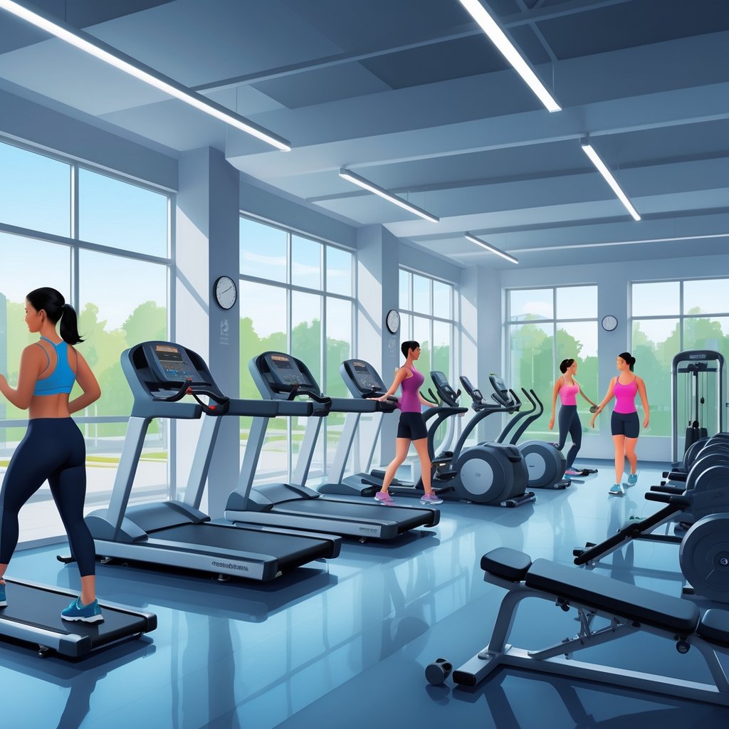 Interior of a modern gym with exercise equipment and people working out during the day.