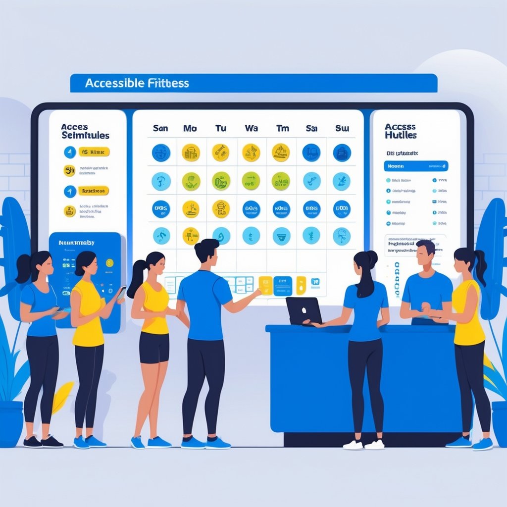 A gym scene showing diverse members checking schedules on a digital kiosk and talking to a staff member at the reception desk, with gym equipment and visual icons indicating access and hours in the background.