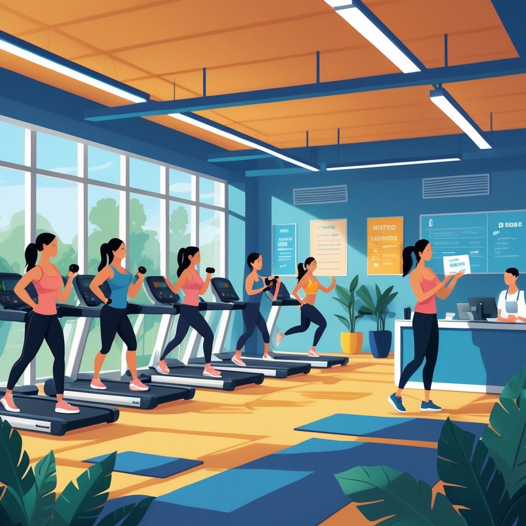 A modern gym with people exercising on machines and a staff member welcoming a new visitor at the reception desk.