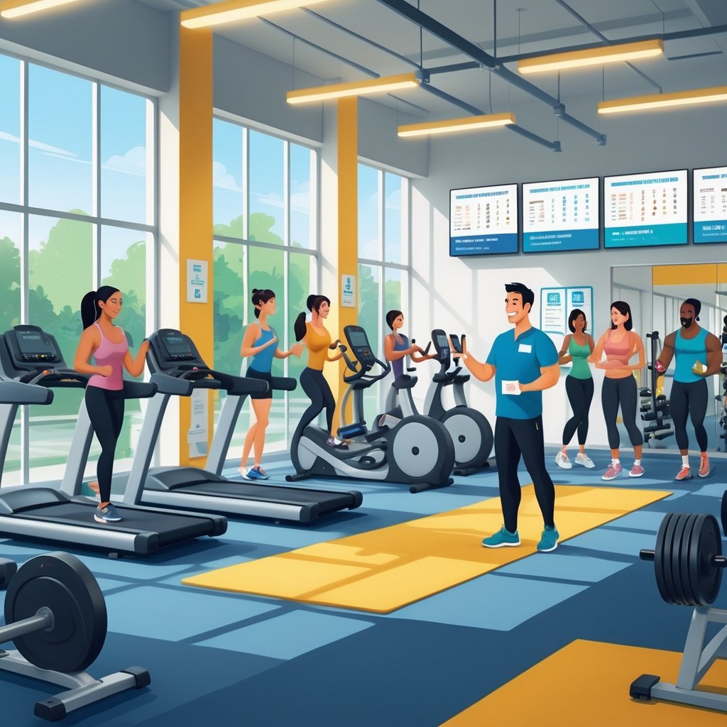 People exercising in a bright, modern gym with a receptionist handing a visitor a day pass card.