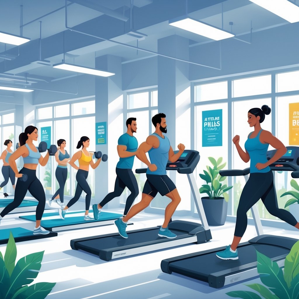 People exercising in a bright gym, lifting weights, running on treadmills, and doing yoga with a trainer assisting.
