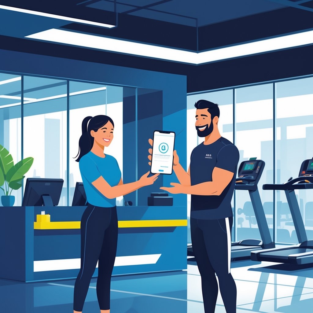 A gym receptionist handing a digital pass on a smartphone to a new gym member in a modern gym setting with exercise equipment in the background.