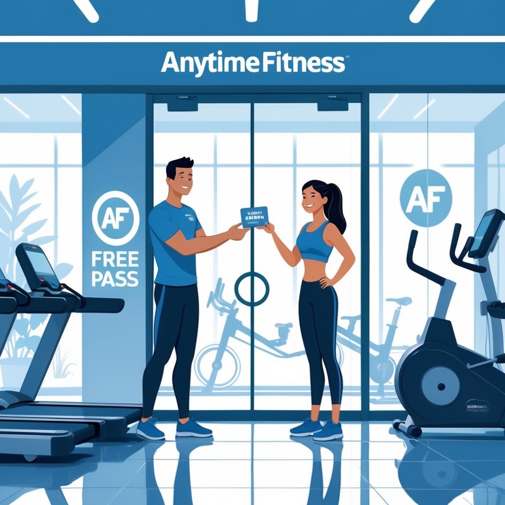 A gym staff member handing a free pass card to a new visitor inside an Anytime Fitness gym with exercise equipment in the background.