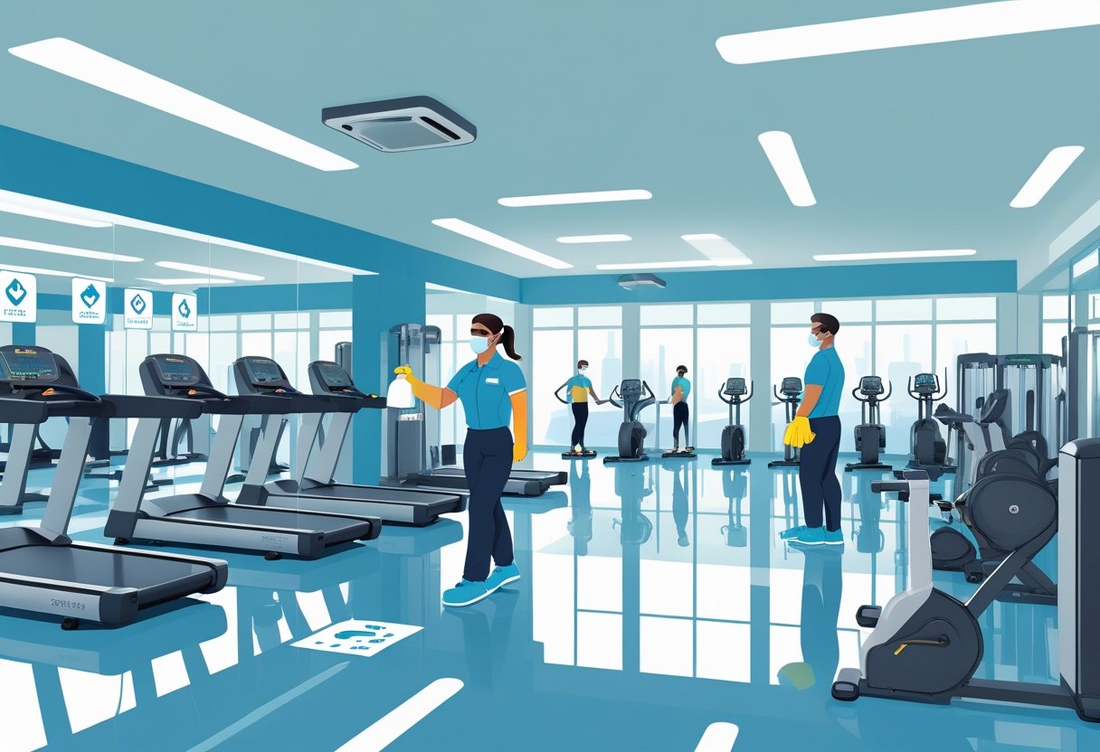 A clean and safe gym with staff sanitizing equipment and gym members exercising while maintaining distance.