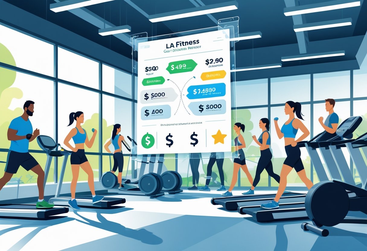 People working out in a modern gym with a person reviewing a floating infographic comparing cost and value.