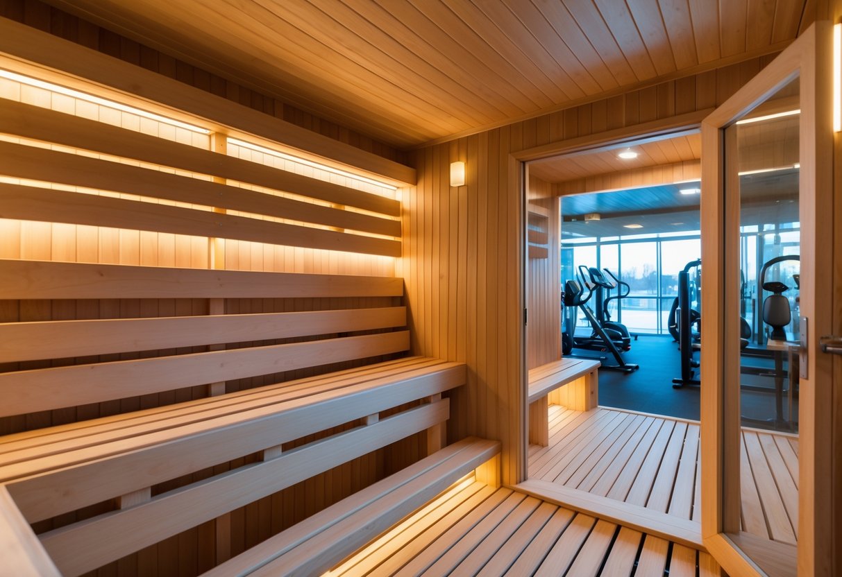A clean, modern sauna room with wooden benches and warm lighting inside a fitness center.