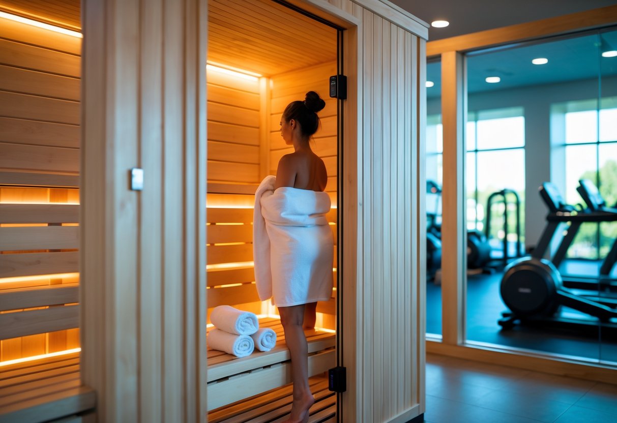 A person wrapped in a towel entering a modern wooden sauna room inside a gym with fitness equipment visible outside.