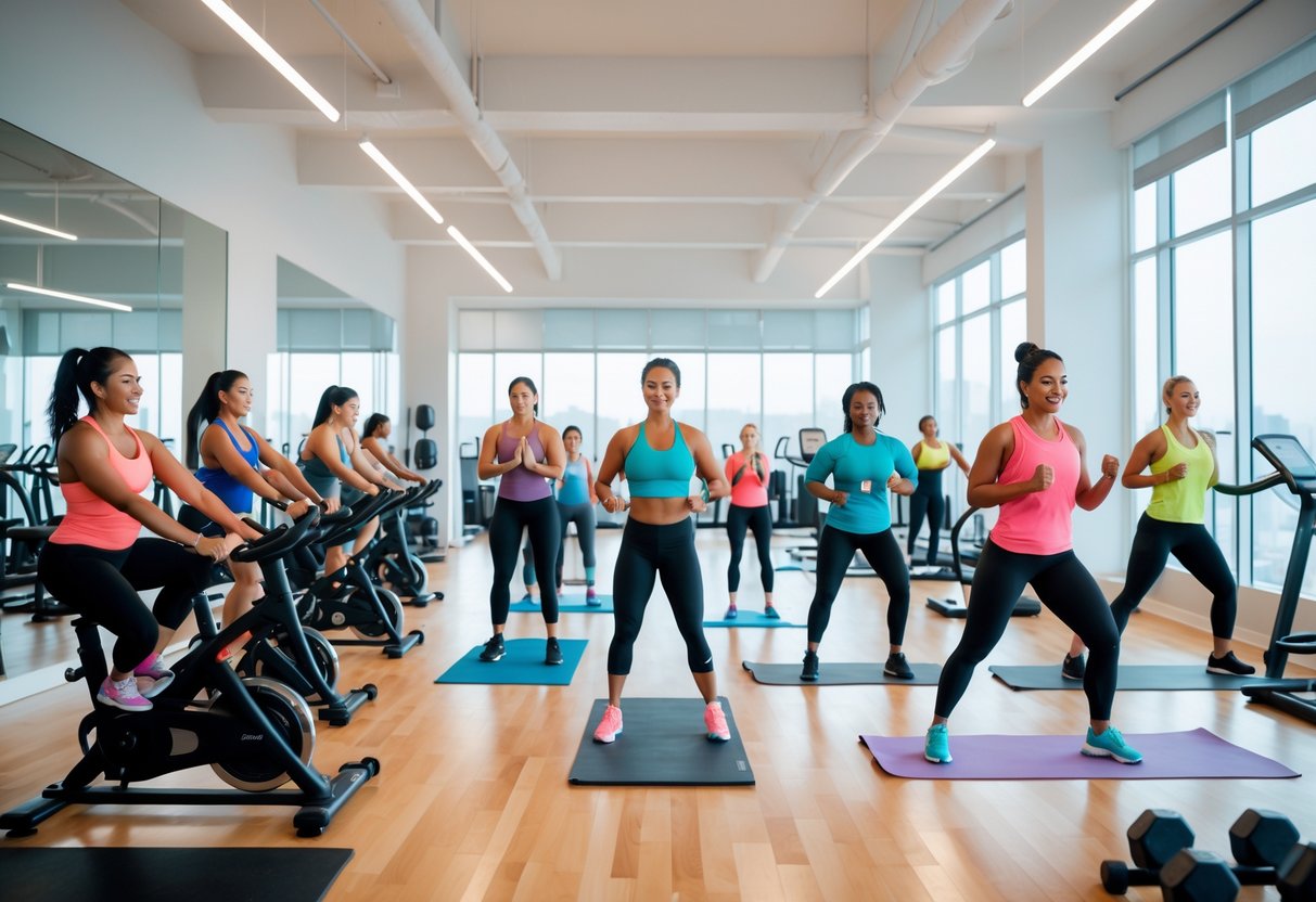 People participating in various fitness classes inside a bright gym, including cycling, yoga, strength training, and high-intensity workouts.