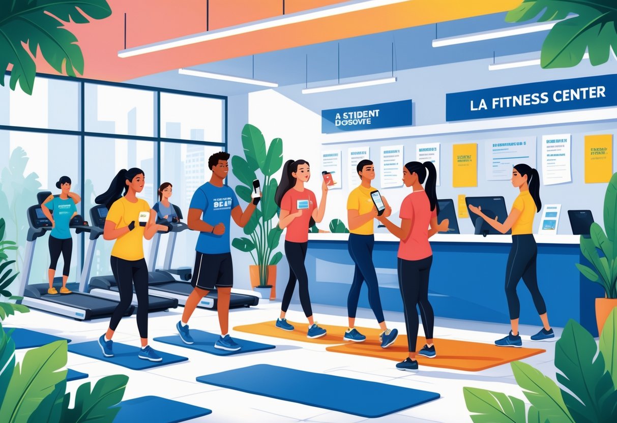 A group of young adults exercising in a modern gym, with one showing a membership card to a staff member at the reception desk.