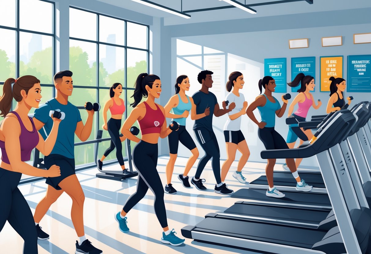 A group of young adults exercising together in a bright, modern gym with various fitness equipment.