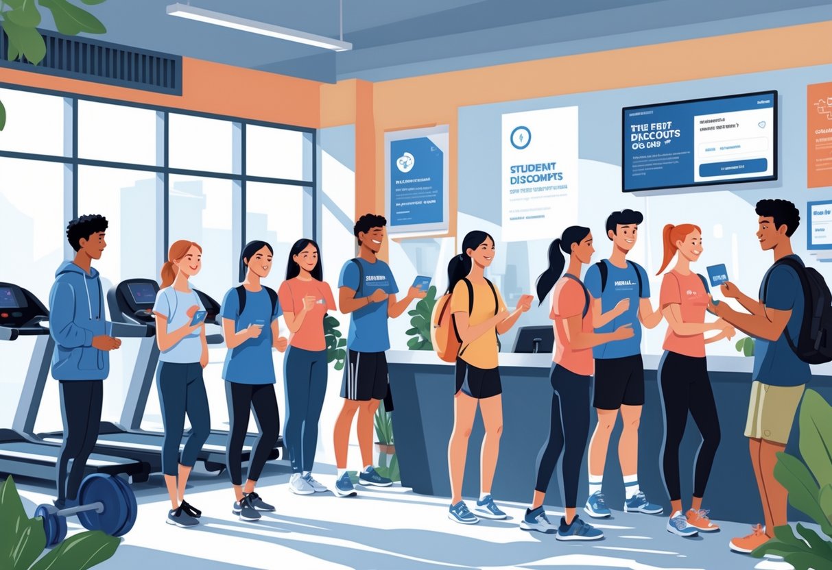 A group of college students working out and talking at a gym reception where a staff member is giving out membership cards.