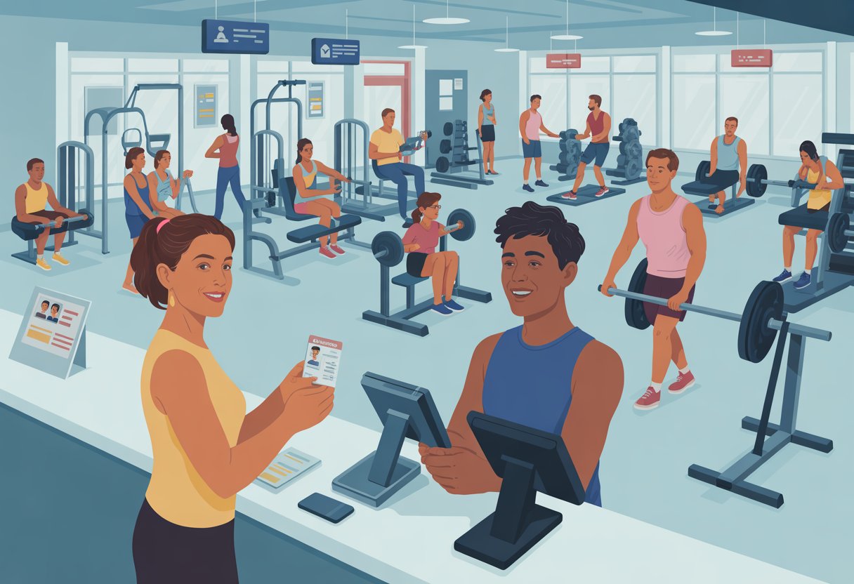 A gym scene showing a staff member checking the ID of a young adult at the reception while people exercise on machines and in classes.